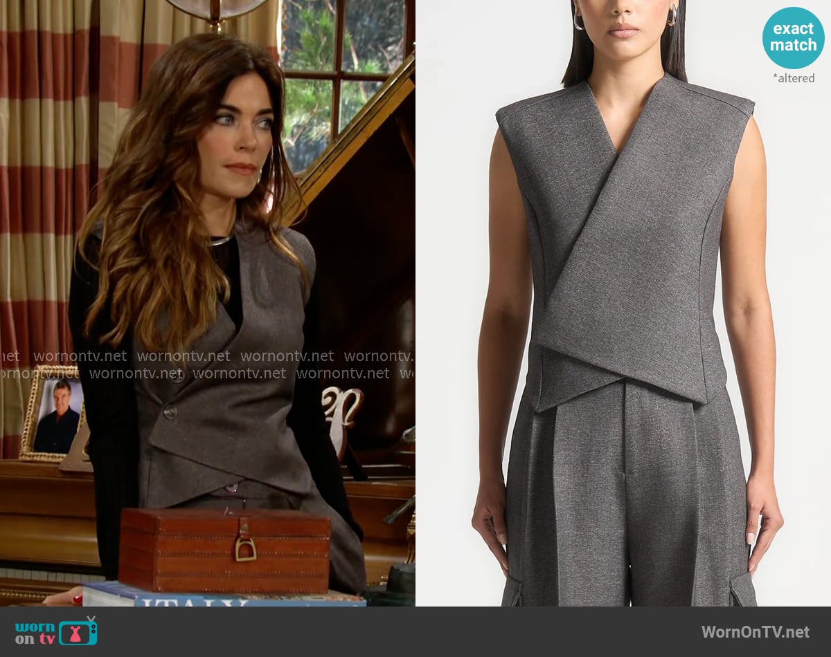 Maniere de Voir Laurence Tailored Wrap Waistcoat in Grey Marl worn by Victoria Newman (Amelia Heinle) on The Young and the Restless