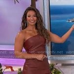 Manuela’s leather one-shoulder ruffle trim dress on The Price is Right