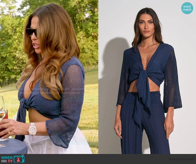 Maria Vincent Elan Navy Tie Front Top worn by Dolores Catania on The Real Housewives of Rhode Island