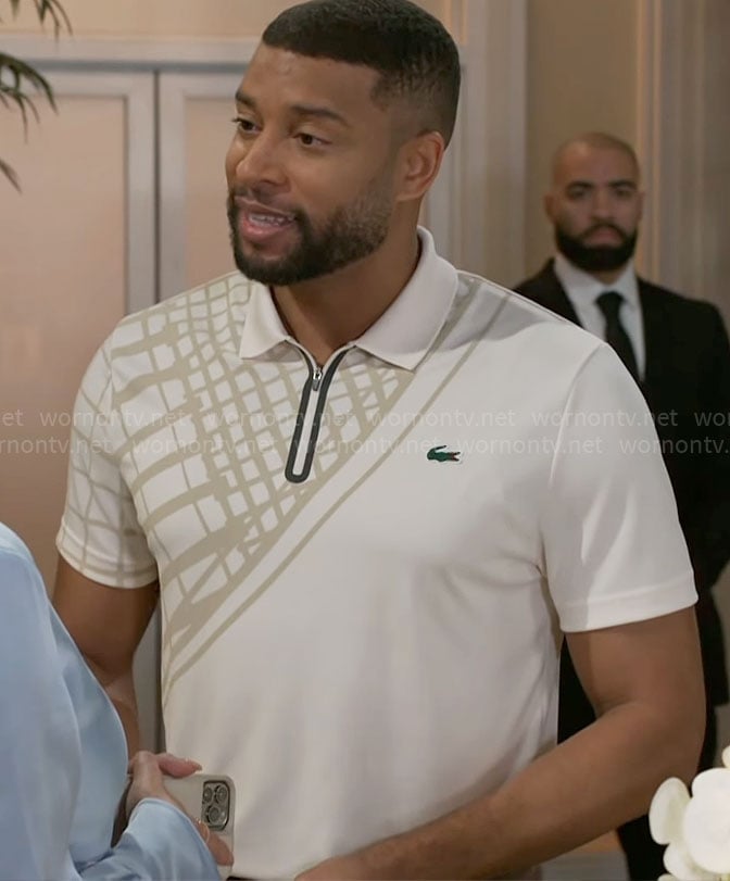 Martin's white and beige placement print polo on Beyond the Gates