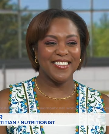 Maya Feller’s white floral print v-neck dress on Good Morning America