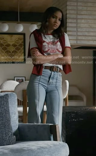 May's white print tee and flare jeans on 9-1-1