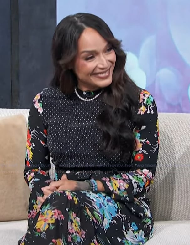 Mayte’s floral print long sleeve dress on Access Hollywood
