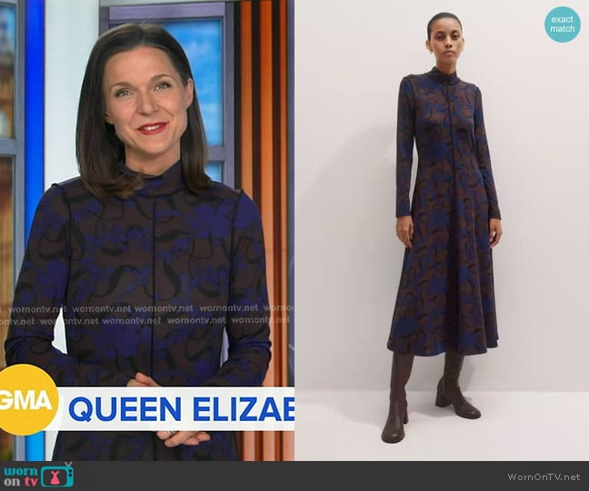 Maggie’s blue printed mock neck dress on GMA