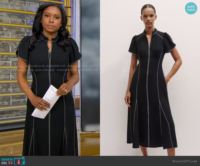 Rachel’s black dress with white stitching on GMA