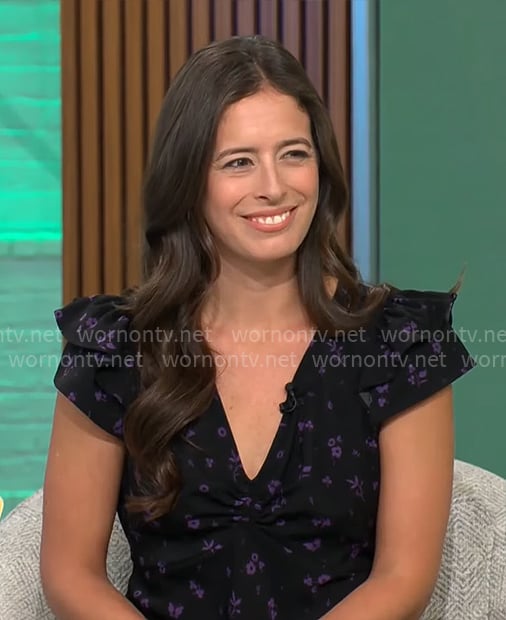 Megan Spurrell’s black and purple floral dress on CBS Mornings