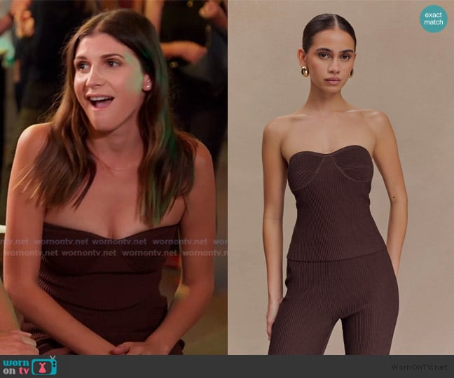 Meshki Elodie Strapless Cupped Knit Top worn by Janet Caperna on The Valley