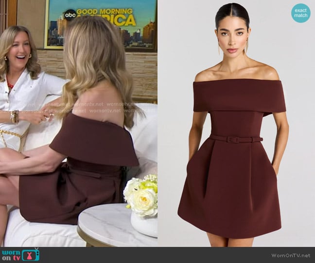 Sarah Chalke’s brown off-shoulder mini dress on GMA Sarah Chalke’s brown off-shoulder mini dress on GMA