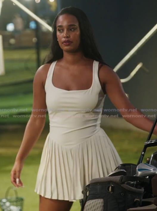 Mia's white square neck mini dress on Summer House