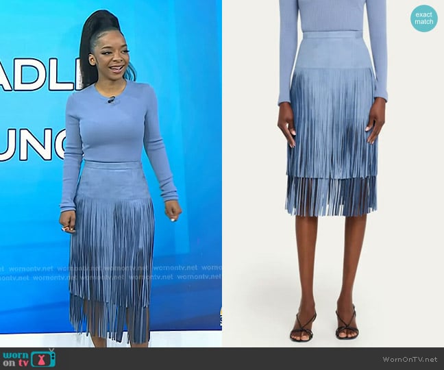 Michael Kors Collection Tiered Fringe Suede Midi Skirt in Lake worn by Kara Young on Today