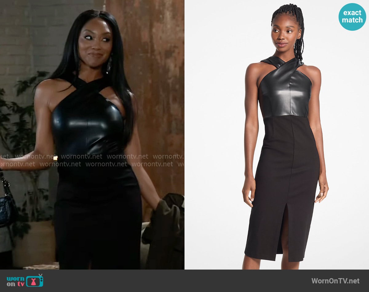 MICHAEL Michael Kors Mixed-Media Ponte Halter Dress worn by Jordan Ashford (Tanisha Mariko Harper) on General Hospital