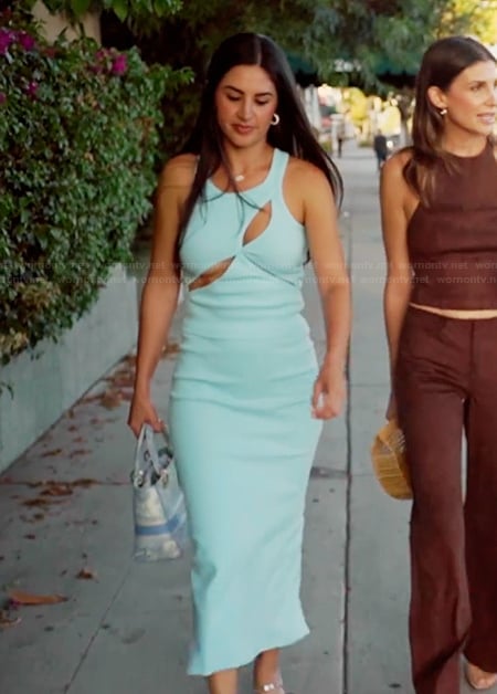 Michelle's blue cutout top and skirt on The Valley