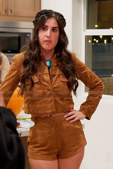 Michelle’s brown suede jacket and shorts on The Valley