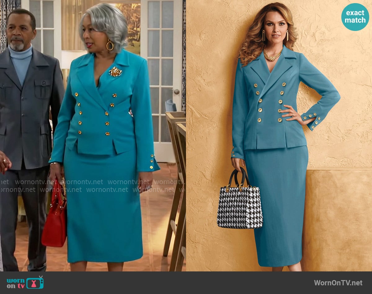 Midnight Velvet Perfect Suit in Adriatic Blue worn by Anita Dupree (Tamara Tunie) on Beyond the Gates