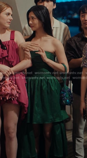 Mihee's green high and low strapless dress on XO Kitty