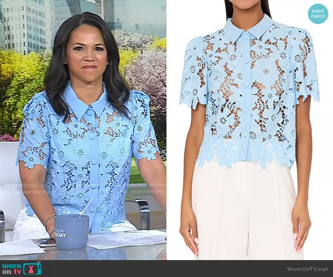 Milly Addison Roja Lace Top in Milly Blue worn by Laura Jarrett on Today