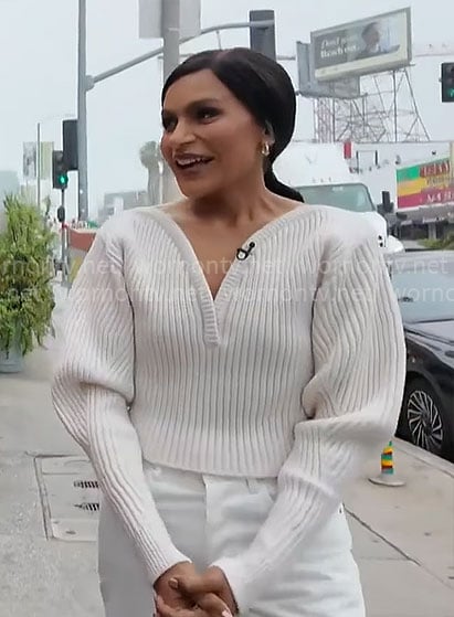 Mindy Kaling’s white v-neck sweater on CBS Mornings