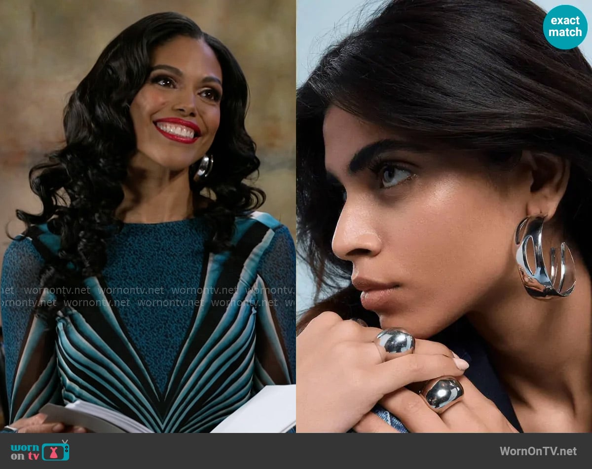 Misho Tidal Hoops in Silver Rhodium Plated worn by Dani Dupree (Karla Mosley) on Beyond the Gates