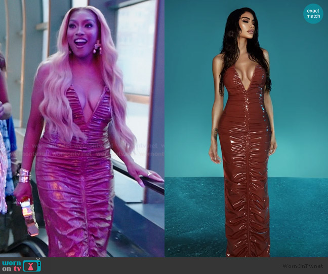 Moda Glam Ruched Vegan Leather Dress worn by Drew Sidora on The Real Housewives of Atlanta