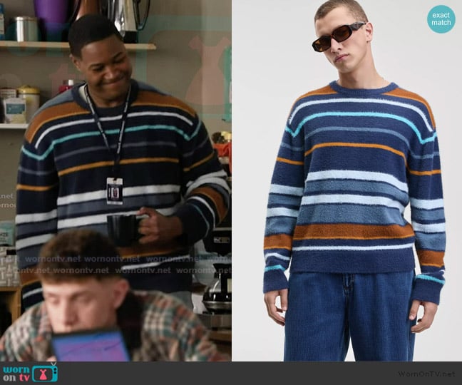 Mode of One Relaxed Fit Long Sleeve Fuzzy Striped Crewneck Sweater worn by Dominic (Luke Tennie) on Abbott Elementary