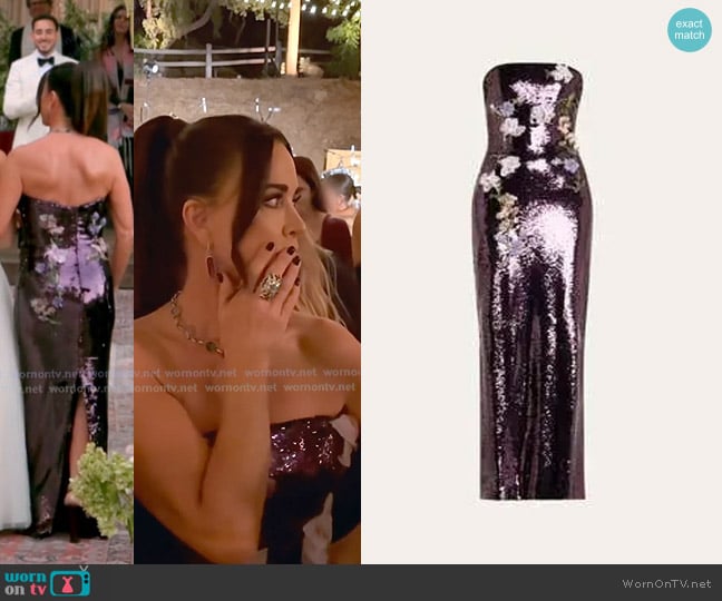 Monique Lhuillier Violet Floral Sequin Gown worn by Kyle Richards on The Real Housewives of Beverly Hills