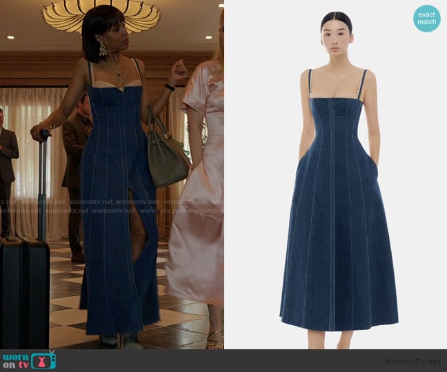 Montsand denim blue corset midi dress worn by Eleanor (Kerry Washington) on Imperfect Women