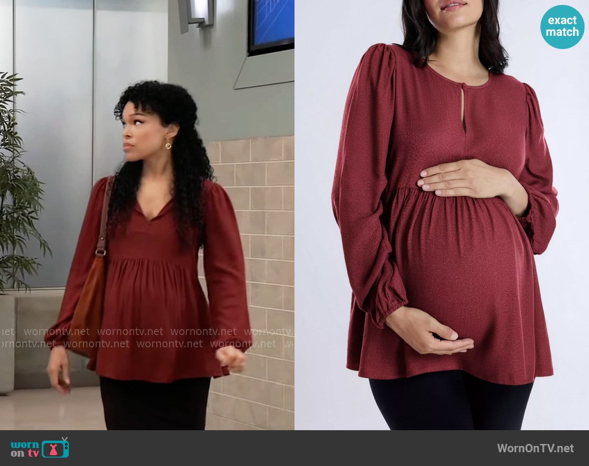 Motherhood Maternity Long Sleeve Empire Waist Keyhole Woven Blouse worn by Portia Robinson (Brook Kerr) on General Hospital