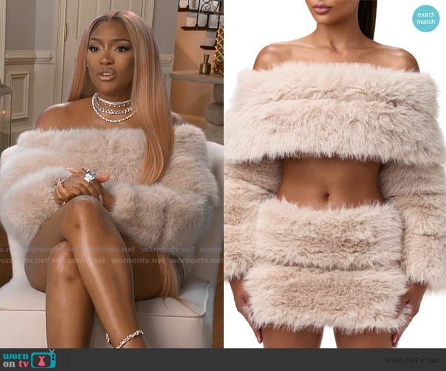 Naked Wardrobe Faux Fur Off the Shoulder Long Sleeve Crop Top worn by Drew Sidora on The Real Housewives of Atlanta