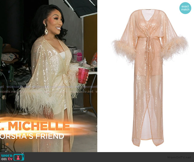 Nana Gotti Fresia beige feather-trimmed kimono maxi dress worn by Kimberly Michelle Pate on The Real Housewives of Atlanta