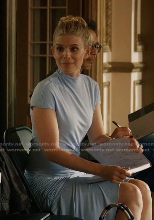 Nancy's blue asymmetric cap sleeve dress on Imperfect Women