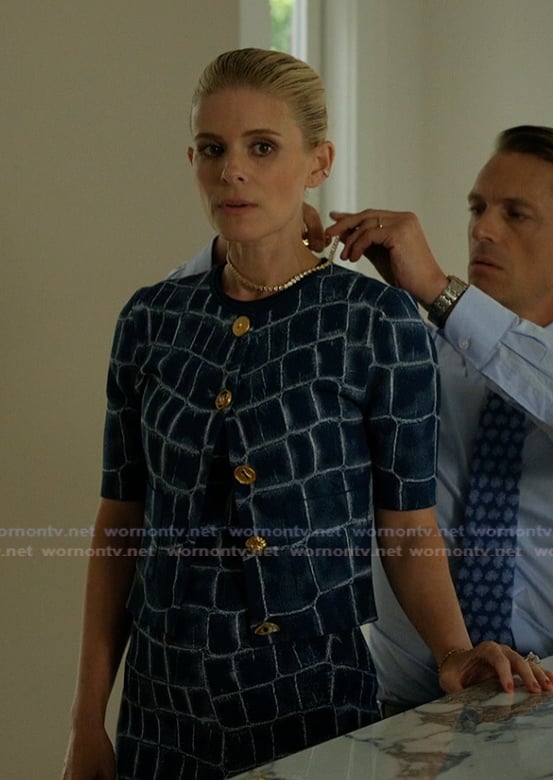 Nancy's blue croc print cardigan and dress on Imperfect Women