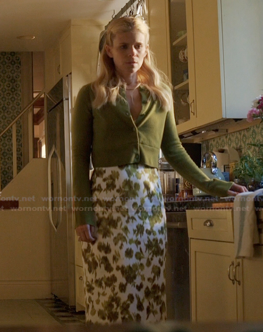 Nancy's green cardigan and printed skirt on Imperfect Women