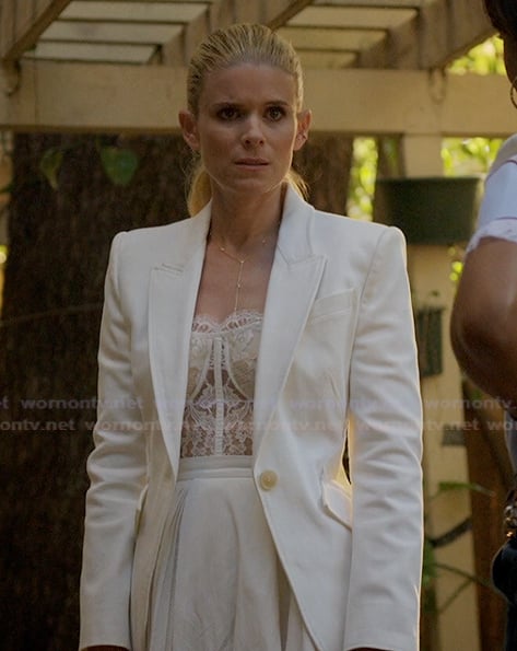 Nancy’s white blazer and corset top on Imperfect Women