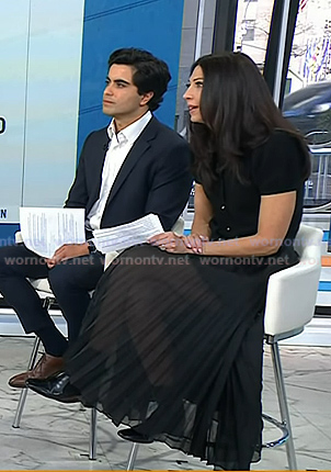 Natalie’s black puff short sleeve cardigan and pleated skirt on Today