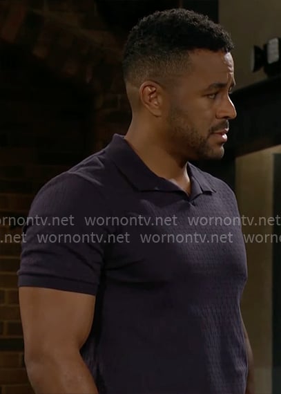 Nate’s navy textured knit polo shirt on The Young and the Restless