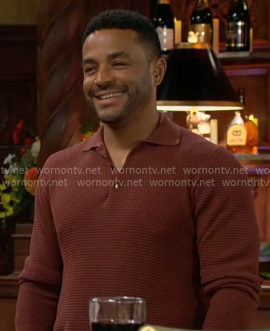 Nate’s red textured polo shirt on The Young and the Restless