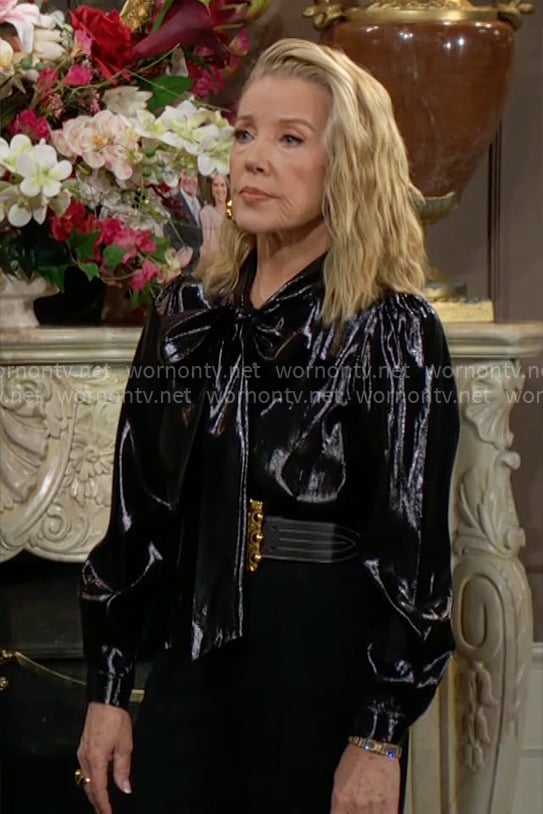 Nikki's metallic black tie-neck blouse on The Young and the Restless