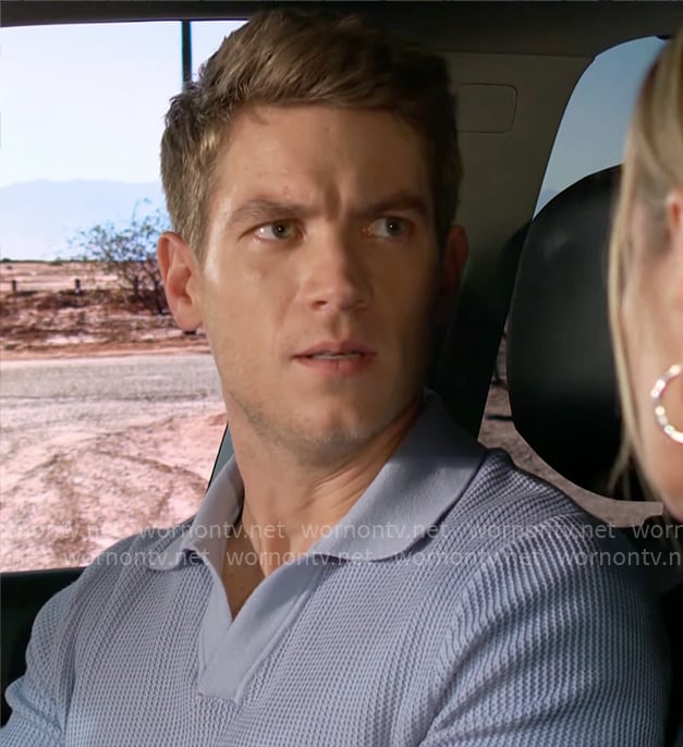 Noah’s light blue knit polo shirt on The Young and the Restless