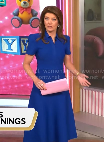 Norah O’Donnell’s blue short sleeve dress on CBS Mornings