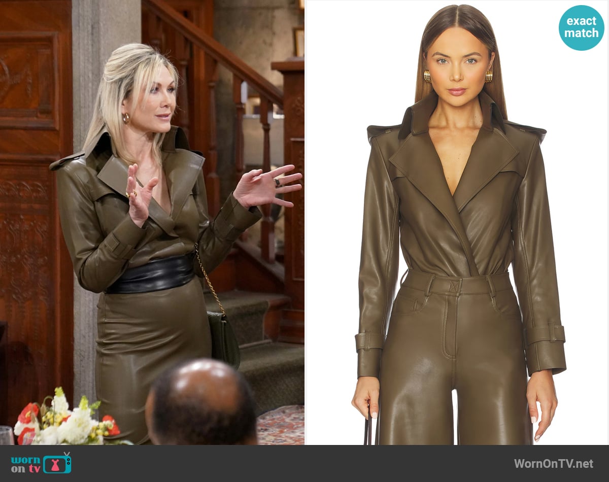 Norma Kamali Double Breasted Trench Bodysuit in Bark worn by Patty Williams (Stacy Haiduk) on The Young and the Restless