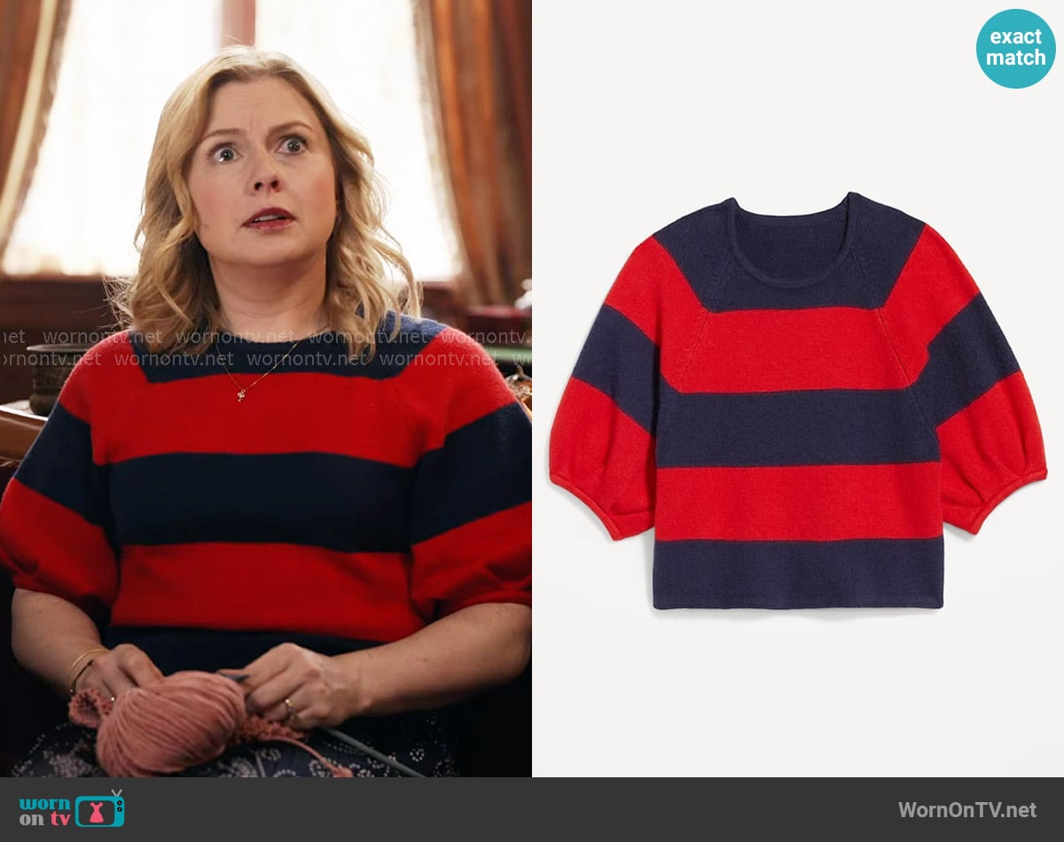 Old Navy SoSoft Cropped Puff-Sleeve Sweater in Navy / Red Stripe worn by Sam (Rose McIver) on Ghosts