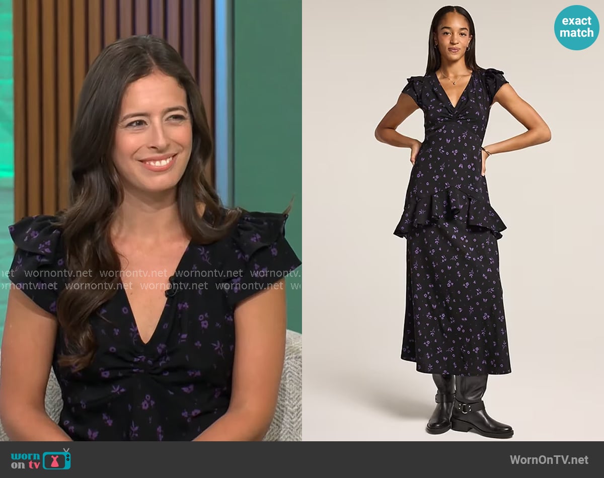Old Navy x Anna Sui Crepe V-Neck Ruffle Maxi Dress worn by Megan Spurrell on CBS Mornings