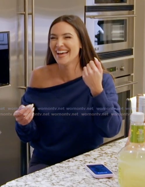 Kelsey's navy off shoulder sweater on The Real Housewives of Rhode Island