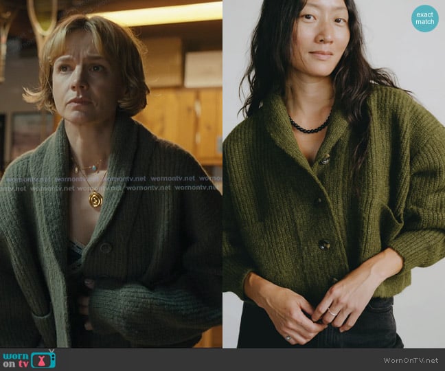 Ozma Sloan Cardigan in Olive worn by Lindsay Crane-Martín (Carey Mulligan) on Beef