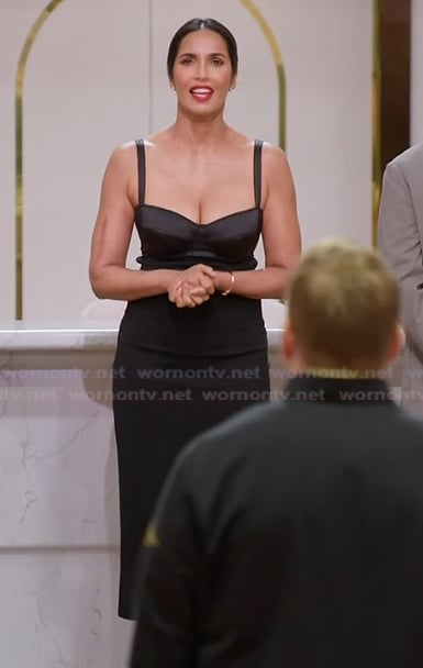 Padma’s black bustier dress on Americas Culinary Cup