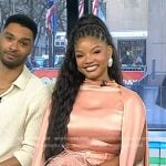 Halle Bailey’s pink silk cape top and feather trim pants on Today