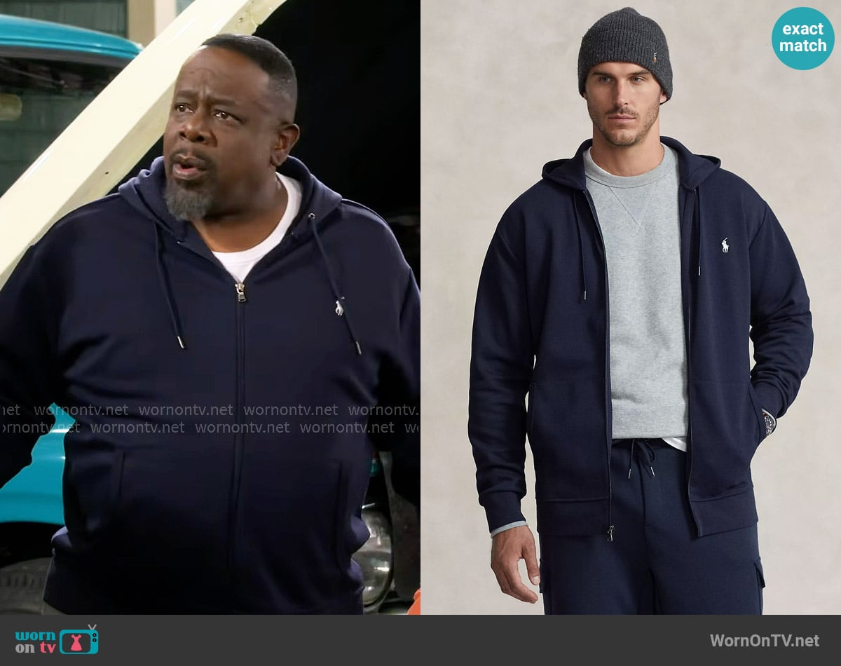 Polo Ralph Lauren Double-Knit Full-Zip Hoodie in Navy worn by Calvin (Cedric The Entertainer) on The Neighborhood