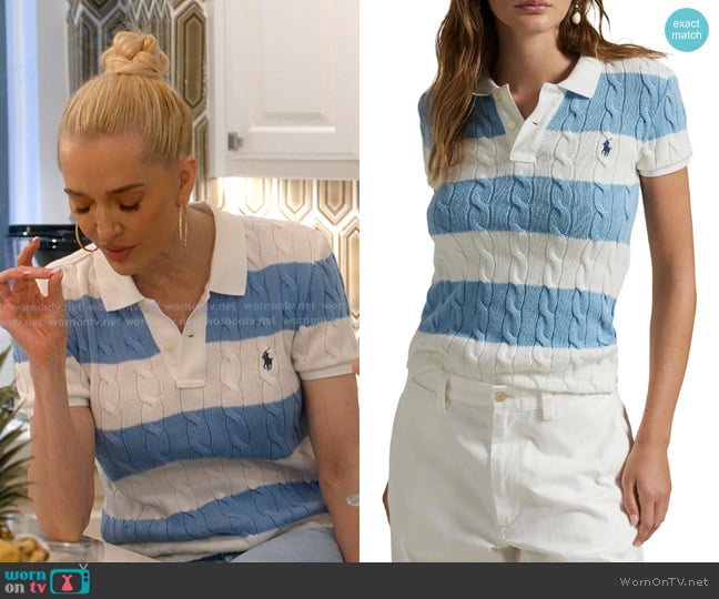Polo Ralph Lauren Slim Fit Stripe Cable Short Sleeve Cotton Polo Sweater worn by Erika Jayne on The Real Housewives of Beverly Hills
