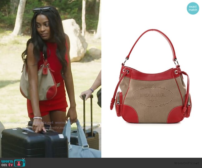 Prada Jacquard Logo Hobo Corda Rosso worn by Ciara Miller on Summer House