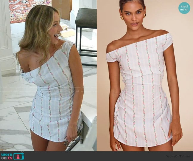 Pretty Little Thing Pastel Blue Stripe Ditsy Print Bardot Dress worn by Maggie on Summer House